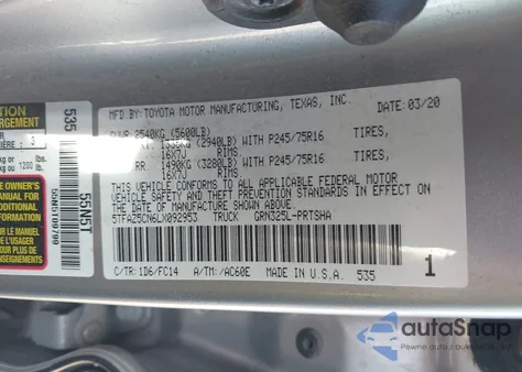 2020 Toyota Tacoma Sr5 V6 из США, поврежденный, VIN 5TFAZ5CN6LX092953